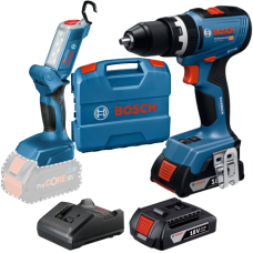 Акумуляторний ударний дриль-шурупокрут Bosch GSB 18V-65 Professional з ліхтарем GLI 18V-300, 2 акб GBA 18V 2.0 Ah і з/п GAL 18V-20, у кейсі