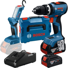 Акумуляторний ударний дриль-шурупокрут Bosch GSB 18V-65 Professional з ліхтарем GLI 18V-300, 2 акб GBA 18V 5 Ah і з/п GAL 18V-40, в L-BOXX 136N