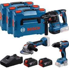 Набор аккумуляторных инструментов Bosch Professional: дрель-шуруповерт GSR 18V-65, перфоратор GBH 18V-22, УШМ GWS 18V-8 с 2 акб GBA 18V 5.0 Ah и з/у GAL 18V-40 в 3 кейсах L-BOXX 136