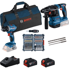 Набор аккумуляторных инструментов Bosch Professional: дрель-шуруповерт GSR 18V-45, перфоратор GBH 18V-22, набор бит и буров с 2 акб GBA 18V 4.0 Ah, з/у GAL 18V-40 в сумке