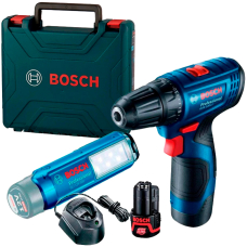 Акумуляторний дриль-шурупокрут Bosch GSR 120-LI Professional з ліхтарем GLI 12V-300 в чемодані з 2 акб GBA 12V 2 Ah та з/п GAL 1210 CV