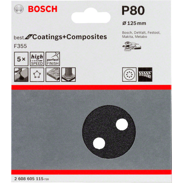 Шлифовальный лист Bosch F355 Best for Coatings and Composites 125 мм, зерно 80, 5 шт