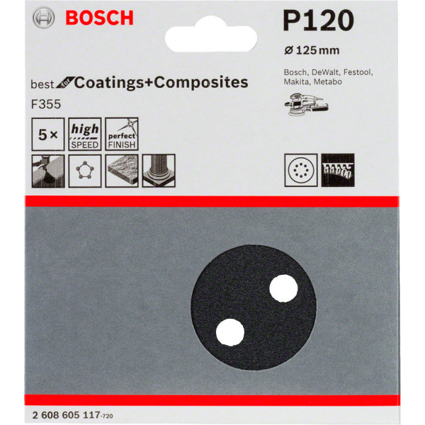 Шлифовальный лист Bosch F355 Best for Coatings and Composites 125 мм, зерно 120, 5 шт