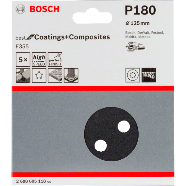 Шлифовальный лист Bosch F355 Best for Coatings and Composites 125 мм, зерно 180, 5 шт