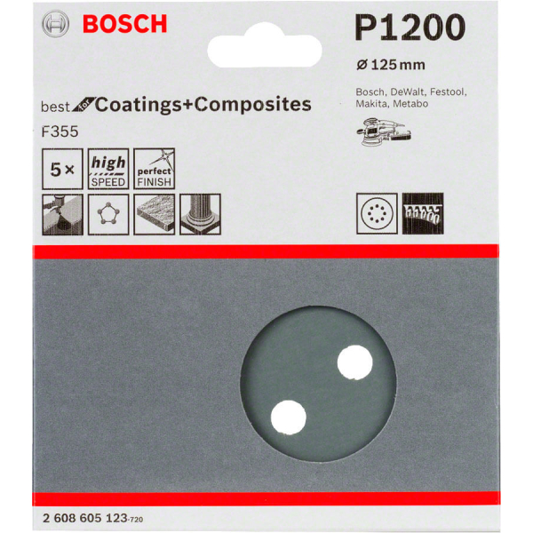Шлифовальный лист Bosch F355 Best for Coatings and Composites 125 мм, зерно 1200, 5 шт