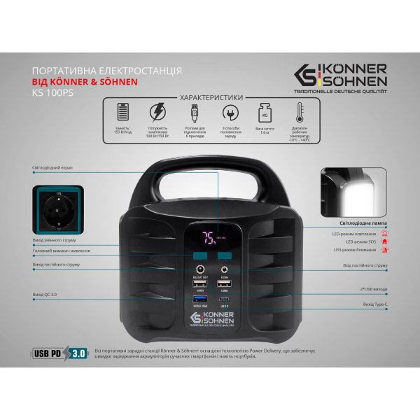 Зарядна станція Konner&Sohnen KS 100PS, 155 Вт/год, 100 Вт