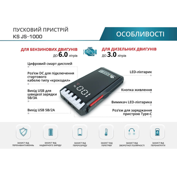 Пусковий пристрій-повербанк з ліхтариком Könner&Söhnen KS JS-1000