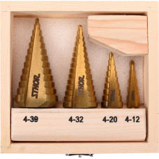 Набір свердел ступінчастих Sthor HSS у дерев'яному кейсі, 4-39 мм, 4 шт