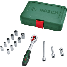 Набор трещотки 1/4" с торцевыми головками, адаптером и удлинителями Bosch, 14 шт