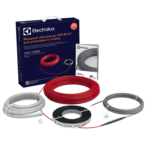 Нагрівальний кабель Electrolux Twin Cable ETC 2-17-400 із гофрованою трубою 2 м, заглушкою, монтажною стрічкою, обтискними гільзами